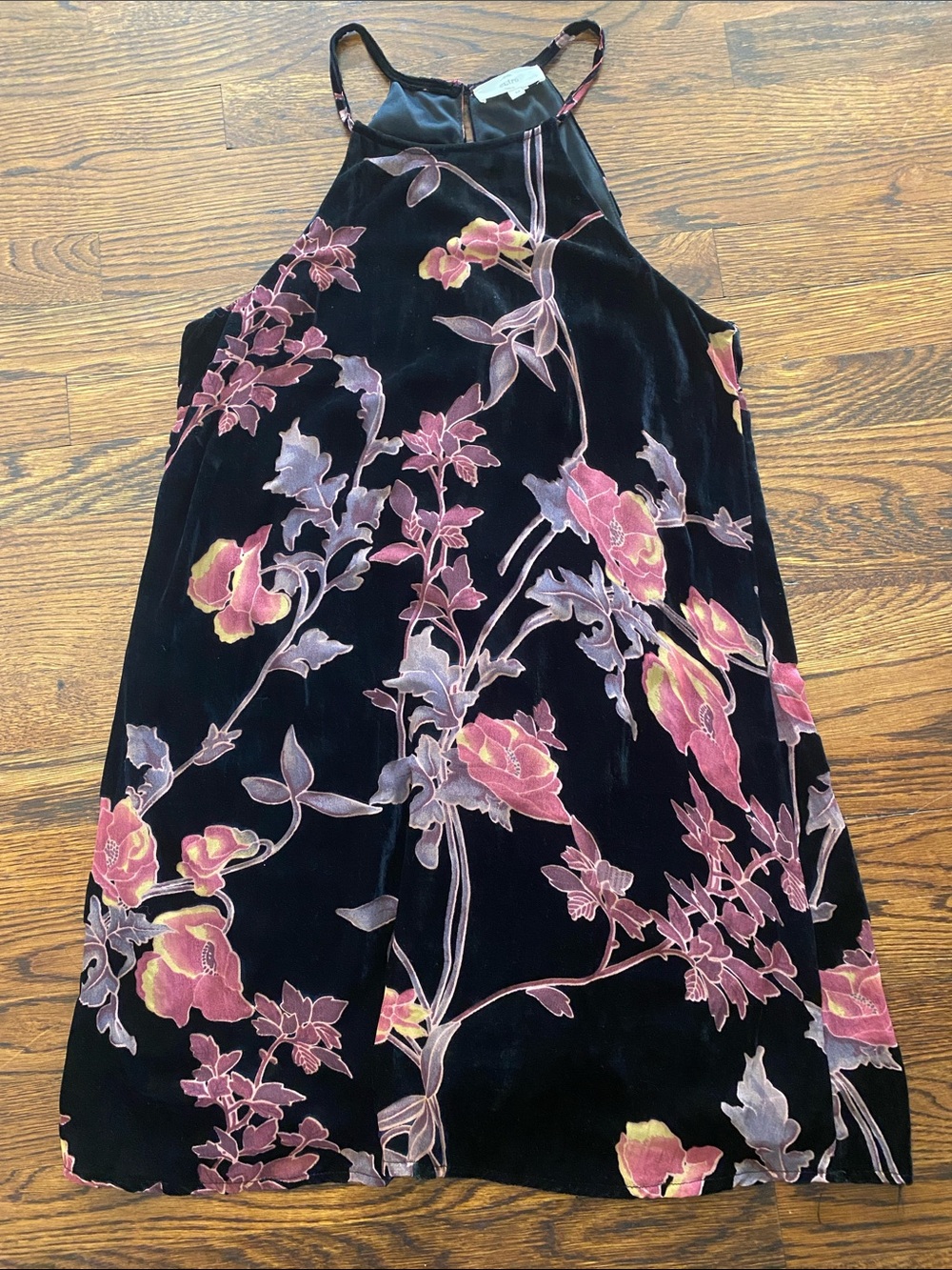 Floral Velvet Halter Dress in Black and Rose